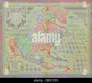 Carte, Amérique septentrionale divisée en ses partis principaux, Hubert Jaillot (1632-1712), imprimé Copperplate, repensé par Gibon, design de gai gai chaud de luminosité et de rayons de lumière radiance. L'art classique réinventé avec une touche moderne. La photographie inspirée du futurisme, qui embrasse l'énergie dynamique de la technologie moderne, du mouvement, de la vitesse et révolutionne la culture. Banque D'Images