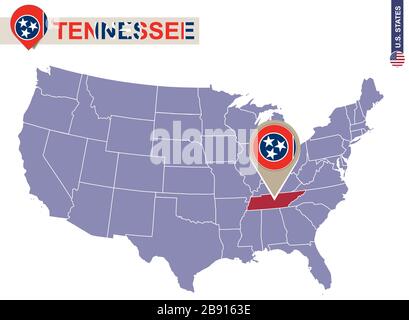 État du Tennessee sur la carte des États-Unis. Drapeau et carte du Tennessee. États-UNIS. Illustration de Vecteur