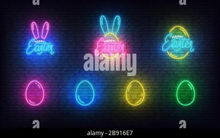 Néon de Pâques. Étiquettes au néon brillant et œufs pour Pâques Illustration de Vecteur