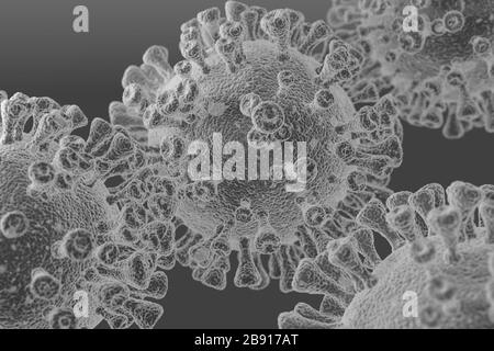 Gros plan de cellules virales parasitaires sous microscope dans un laboratoire spécialisé sur fond gris noir et blanc image 2020 Banque D'Images