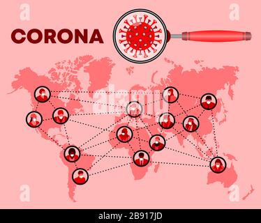 Les profils de personnes masquées et l'icône de virus corona sont sur la carte du monde. Tous les objets se trouvent dans des couches différentes et les types de texte n'ont pas besoin de police. Illustration de Vecteur