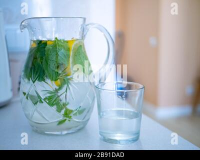 pichet de limonade tonique avec feuilles de menthe et quartiers de citron et une tasse de verre. boisson rafraîchissante parfaite pour une soif par jour chaud. Banque D'Images