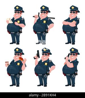 Policier, jeu de six poses. Gaie personnage de dessin animé policier. Illustration vectorielle sur fond blanc Illustration de Vecteur