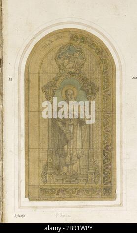 ALBUM NO: 2; BROUILLON POUR VITRAIL Saint Dizier: SAINT FRANÇOIS PIÈCES Atelier Gsell-Laurent. Album n° 2 ; projet de virail pour Saint Dizier : Saint François de salles. Crayon, lavis sur laque. Paris, musée Carnavalet. Banque D'Images