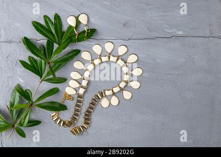 Bijoux, pendentif autour du cou avec une branche verte posée sur un fond en béton. À droite de la composition est l'espace libre Banque D'Images