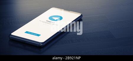 KIEV, UKRAINE-JANVIER, 2020: Télégramme sur écran de téléphonie mobile. Télégramme - Messenger le plus populaire pour la communication entre les personnes dans Internet. Illustration tridimensionnelle. Banque D'Images