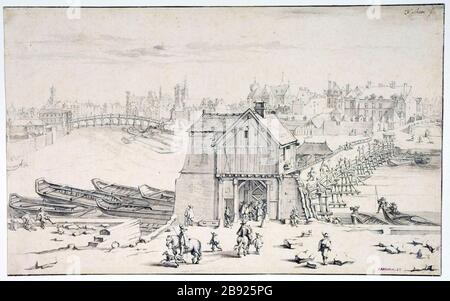 ÎLE SAINT-LOUIS ET PONT MENANT À TOURNELLE 1630 Théodor Dirck Matham (1606-1676). 'L'île Saint-Louis et le pont de la Tournelle vers 1630'. Dessert. Paris, musée Carnavalet. Banque D'Images