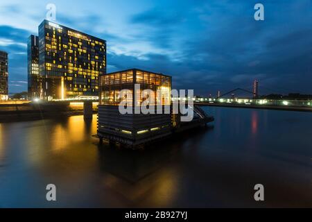 Media Hafen port à Düsseldorf la nuit avec l'hôtel Banque D'Images