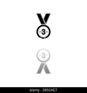 3 Médaille de bronze gagnante. Symbole noir sur fond blanc. Illustration simple. Icône vecteur plat. Ombre de réflexion miroir. Peut être utilisé dans logo, W Illustration de Vecteur