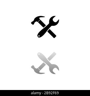 Clé croisée et marteau. Symbole noir sur fond blanc. Illustration simple. Icône vecteur plat. Ombre de réflexion miroir. Peut être utilisé dans logo, Web Illustration de Vecteur