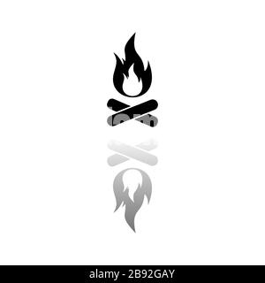 Feu de camp. Symbole noir sur fond blanc. Illustration simple. Icône vecteur plat. Ombre de réflexion miroir. Peut être utilisé dans logo, Web, mobile Illustration de Vecteur