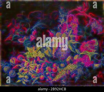 STILL Life avec panier de fruits et fruits devant un mur, huile sur toile, 94,5 x 114,5 cm, non spécifié, Giuseppe Ruoppolo, (zugeschrieben / attribué à), Neapel um 1631/39–1710 Neapel, reimaginé par Gibon, design de glanissement chaud et de rayonnement de rayons lumineux. L'art classique réinventé avec une touche moderne. La photographie inspirée du futurisme, qui embrasse l'énergie dynamique de la technologie moderne, du mouvement, de la vitesse et révolutionne la culture. Banque D'Images