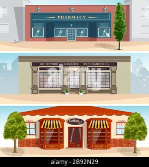 Collection de trois magasins de détail avec éléments extérieurs Illustration de Vecteur