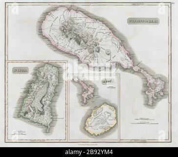 St Christophers, Nevis et Sainte-Lucie. Saint-Kitts. Antilles. THOMSON 1830 ancienne carte Banque D'Images