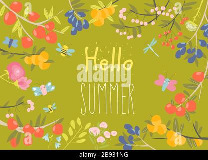 Cadre de fruits sucrés poussant sur branche. Bonjour l'été Illustration de Vecteur