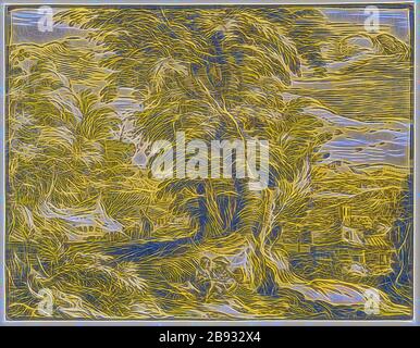 Paysage avec un berger couple, c. 1597/1600 (imprimer probablement 1617/20), coupe boisée de trois plaques (vert, vert clair et noir), feuille : 11,4 x 14,8 cm, signée par U. M. monogramme : .HG [lig.], Hendrick Goltzius, Mühlbrecht 1558–1617 Haarlem, Willem Jansz. Blaeu, Verleger, Alkmaar 1571–1638 Amsterdam, repensé par Gibon, design de glanissement chaleureux et joyeux de la luminosité et des rayons de lumière radiance. L'art classique réinventé avec une touche moderne. La photographie inspirée du futurisme, qui embrasse l'énergie dynamique de la technologie moderne, du mouvement, de la vitesse et révolutionne la culture. Banque D'Images