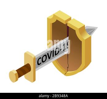 Concept d'épidémie, pandémie de coronavirus, covid-19, 2019-nCov. Épée isométrique vectorielle avec l'inscription covid-19 couper le bouclier. Sparea du coronavirus Illustration de Vecteur