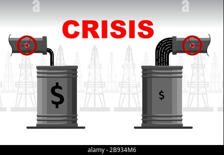 concept de crise du pétrole. Diminution ou augmentation de la production de pétrole et d'hydrocarbures. Pétrole cher ou bon marché. Le pétrole verse dans un baril à partir d'un tuyau. Grand et Illustration de Vecteur