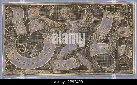 Le Genius avec l'Alphabet, 1542, copperplate, feuille : 4,6 x 8,2 cm |, plaque : 4,3 x 7,8 cm, inscrite, datée et monogrammée dans la bannière : .A.B.C, .D.E.F.G.H.I.J.K.L.M., .N., .O., .P.Q. R.S.T.V., .X. Y. Z.K., .1., .5.HSB [ligaté] .4., .2., Sebald Beham, Nürnberg 1500–1550 Frankfurt a.M., repensé par Gibon, design de rayons de lumière chaude et de lumière gaie. L'art classique réinventé avec une touche moderne. La photographie inspirée du futurisme, qui embrasse l'énergie dynamique de la technologie moderne, du mouvement, de la vitesse et révolutionne la culture. Banque D'Images