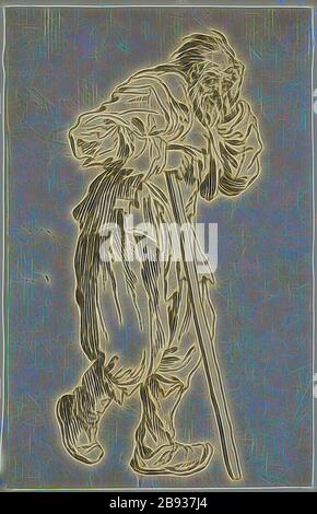 Jacques Callot, Français, 1592-1635, la gueux apuye sur un bâton, début du XVIIe siècle, gravure imprimée à l'encre noire sur papier ponté, feuille (taillée dans la marque de la plaque): 5 3/8 × 3 3/8 pouces (13.7 × 8.6 cm), repensée par Gibon, design de glanissement chaleureux et de rayons de lumière radiance. L'art classique réinventé avec une touche moderne. La photographie inspirée du futurisme, qui embrasse l'énergie dynamique de la technologie moderne, du mouvement, de la vitesse et révolutionne la culture. Banque D'Images