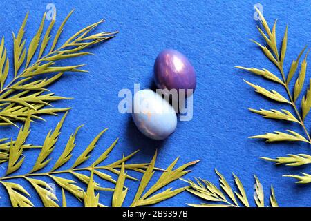 Sur un fond bleu tendance, œufs dans un cadre gris et argent. Feuilles vertes de plantes tropicales. Arrière-plan couleur tendance. Gros plan. Espace de copie