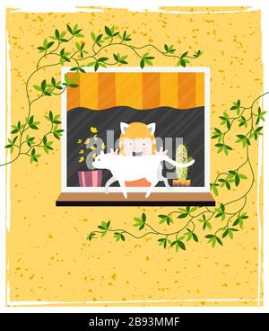 La petite fille derrière un verre de fenêtre profitant de l'obsarvatation d'un chat sur le seuil de fenêtre. Illustration de Vecteur