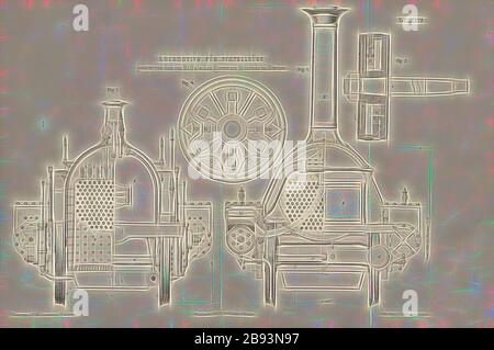 Locomotive pour trains express construite par les ironneries Hirschau de Maffei près de Munich, fig. 1: La moitié de la coupe transversale à travers la chambre de combustion, l'autre moitié comme vue de bout de la chambre de combustion, fig. 2: Coupes transversales à travers les cylindres et la chambre de fumée, et vue de face, signé: Heustinger c., W, Lith., v, J. Lehnhardt, Publisher c., CH. W. Kreidel, plate XXXVII, après p. 175, Heustinger von Waldegg, Edmund, Lith. Anstalt von J. Lehnhardt (lith.), Christian Wilhelm Kreidel Verlag (éd.), Edmund Heustiger von Waldegg, Wilhelm Clauss: Abbildung und Beschreibung der Locomotive-Maschine: Nach den besten un Banque D'Images