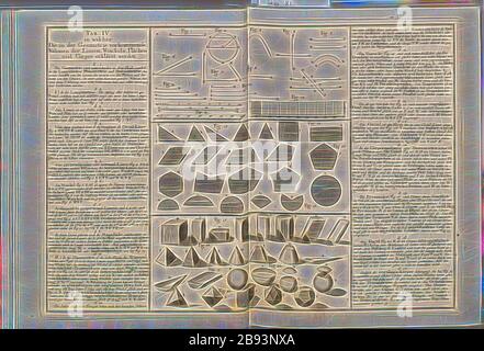 Noms géométriques de Lingen, angles, surfaces et corps, fig. 1-12: Lignes, fig. 13-16: Surfaces, fig. 17-21: Corps, onglet. IV, p. 11, 1745, Tobias Mayer: Mathematischer Atlas, in welchem auf 60 Tabellen alle Theile der mathématitic vorgestellet und nicht allein überhaupt zu bequemer Wiederholung, sondern auch den Anfängern besonders zur Aufmunterung durch der deutschunden. Augspig: Pfeffel, 1745, réimaginé par Gibon, conception de lumière chaude et gaie, radiance de rayons de lumière. L'art classique réinventé avec une touche moderne. Photographie inspirée par le futurisme, Banque D'Images
