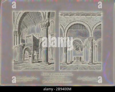 Église Sainte Marie de Toscanella. Ambon et baptismal Fonts, baptismal font et ambo de l'église de Santa Maria Maggiore à Toscanella, signé: d'après M. Alb., Lenoir, J. Bury del et sc, Fig. 42, p. 151, Lenoir, Albert (inv.), Bury, Jean Baptiste Marie (DEL. d'après Albert Lenoir et sc.), 1853, Jules Gailhabaud : monuments anciens et modernes : collection présentant une histoire de l'architecture des différents pulluettes à toutes les épines. Paris : Librairie de Firmin Didot frères, 1853 ans, réimaginé par Gibon, design chaleureux et gai, lumineux et lumineux. Art classique Banque D'Images