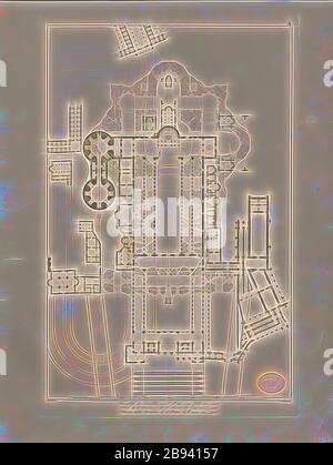 Plan d'étage de la basilique de S. Pierre de l'année 800-1506, plan de terrain de la basilique Constantine (ancienne basilique Saint-Pierre) à Rome, signé : I. M. Knapp, Taf. II, après S. 6, Knapp, I. M. (barbu.), Christian Karl Josias von Bunsen: Die Basiliken des christlichen Roms: Nach ihrem Zusammenhange mit Idee und Geschichte der Kirchenbaukunst. BD 2. München: Literarisch-artistische Anstalt der J. G. Cotta'schen Buchhandlung, [1824], réimaginé par Gibon, conception de lumière chaude et gaie rayonnant de lumière et de rayonnement. L'art classique réinventé avec une touche moderne. Photographie inspirée par le futurisme, embr Banque D'Images