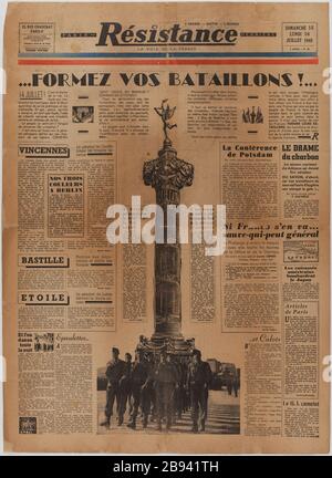 Journal 'Resistance' du 15 au 16 juillet 1945 Journal 'résistance' du 15 au 16 juillet 1945. Papier primaire, 1945. Musée du général Leclerc de Hautecloque et de la libération de Paris, musée Jean Moulin. Banque D'Images