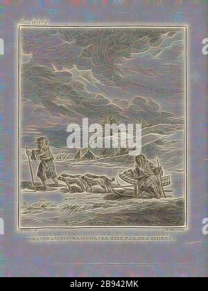 Traîneau de Kamchatka tiré par des chiens, chariot tiré par des chiens dans un paysage enneigé, signé: J. B. le Prince (DEL.), J. B. Tilliard (chabp.), gravure en cuivre, no X, après p. 48 (vol 2), le Prince, Jean-Baptiste , Tilliard, Jean-Baptiste, 1768, M. Kracheninnikow: Voyage en Sibérie, avec la description du Kamtchatka, ou l'on trouve. Paris : chez Depure, 1768., réimaginé par Gibon, design chaleureux et gai lumineux, lumineux et lumineux. L'art classique réinventé avec une touche moderne. Photographie inspirée par le futurisme, embrassant l'énergie dynamique de la technologie moderne, le mouvement, la vitesse et revo Banque D'Images