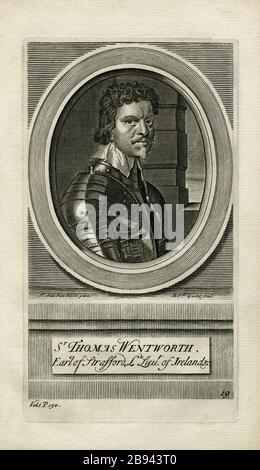 Thomas Wentworth, 1er comte de Strafford (1593 - 1641), conseiller en chef du roi Charles Ier d'Angleterre à la veille de la guerre civile anglaise. Le roi signe à contrecœur l'arrêt de mort de Strafford dans une vaine tentative d'apaiser le Parlement. Gravure réalisée par le graveur flamand Michael van der Gucht (1660 - 1725), d'après un portrait de Sir Anthony van Dyck (1599 - 1641). Banque D'Images