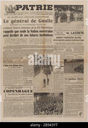 Journal 'Fatherland. Journal des combattants français du 14 juillet 1945 Journal 'Patrie. Journal des combats English' du 14 juillet 1945. Papier primaire, 1945. Musée du général Leclerc de Hautecloque et de la libération de Paris, musée Jean Moulin. Banque D'Images
