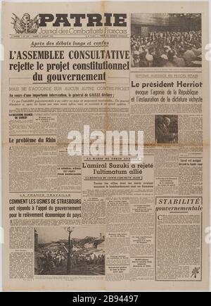 Journal 'Fatherland. Journal des combattants français du 31 juillet 1945 Journal 'Patrie. Journal des combats English' du 31 juillet 1945. Papier primaire, 1945. Musée du général Leclerc de Hautecloque et de la libération de Paris, musée Jean Moulin. Banque D'Images