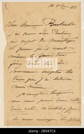 Autograph – lettre signée par le sculpteur aimé-Jules Dalou son mlader Amedee Bertault, 10 septembre 1883 (titre factice) Dalou, aimé-Jules (1838-12-31 - 1902-04-15), lettre autographe signée du sculpteur aimé-Jules Dalou à son mouleur Amédée Bertault, 10 septembre 1883, 10-Tittemer (1883). Encre sur papier. Petit Palais, Musée des Beaux-Arts de la Ville de Paris. Banque D'Images