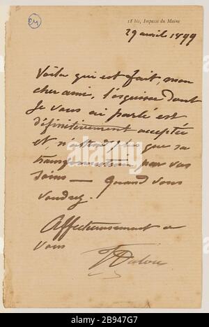 Autograph lettre signée par le sculpteur aimé-Jules Dalou son mlader Amedee Bertault, 29 avril 1899 (titre factice) Dalou, aimé-Jules (1838-12-31 - 1902-04-15), lettre autographe signée du sculpteur aimé-Jules Dalou à son mouleur Amédée Bertault, 29 avril 1899-1899. Encre sur papier. Petit Palais, Musée des Beaux-Arts de la Ville de Paris. Banque D'Images