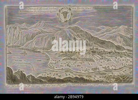 Altorff - le principal Patch du pays Ury, Altdorf avec le lac de Lucerne et Flüelen dans le canton d'Uri, fig. 26, selon la p. 38, Mattheaeus Merian der Ältere: Topographia Helvetiae, Rhaetiae, et Valesiae: das ist, Beschreibung und eygentliche Abbildung der vornehmsten Stätte und Plätze in der hochlöblichen Eydsgnafft, Graubetandünd, Wallzen, puis, Wallzäusen und Walterg. Franckfurt am Mayn: Zum Truck verlegt von denen Merianischen Erben, im Jahr M DC LIV. [1654], repensé par Gibon, conception de lumière chaude et gaie de la luminosité et de rayons de lumière radiance. L'art classique réinventé avec un Banque D'Images