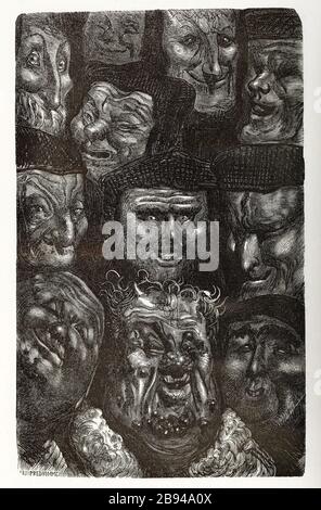 Beaucoup d'iusticiards. Illustration pour Honoré de Balzac, The Tales comical, Paris: General Society Library, 1855 (note: R8 ° Cc1405) Gustave Doré (1832-1883), dessinateur et Eugène rouge'homme (1813-1886), graveur. 'Peintures iusticiards.' Illustration pour Honoré de Balzac, 'les Contes drolatiquess', Paris : Société générale de librairie, 1855'. Gravure sur bois. Paris, Maison de Balzac. Banque D'Images