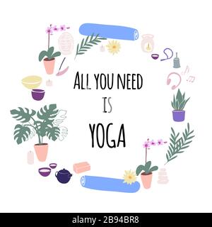 Illustration wreath Yoga avec bougies, tapis de yoga, lampe d'arôme, orchidée, lotus, rosaire, bouddha, théière et tasses en style dessin animé Illustration de Vecteur