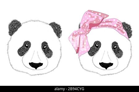 Illustration dessinée à la main de la tête d'une fille de panda avec un noeud dans le style des années 60 et un homme de panda, ensemble. Illustration de Vecteur