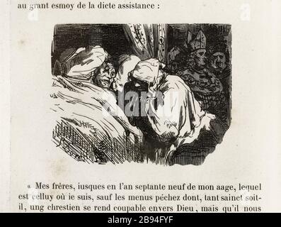 La confession darrenière. Illustration pour Honoré de Balzac, The Tales comical, Paris : Bibliothèque de la Société générale, 1855 (rating: R8 ° Cc1405) Gustave Doré (1832-1883), dessinateur et Charles Jattiot (XIXème siècle), cimetière. 'Confession de la darrenière.' Illustration pour Honoré de Balzac, 'les Contes drolatiquess', Paris : Société générale de librairie, 1855'. Gravure sur bois. Paris, Maison de Balzac. Banque D'Images