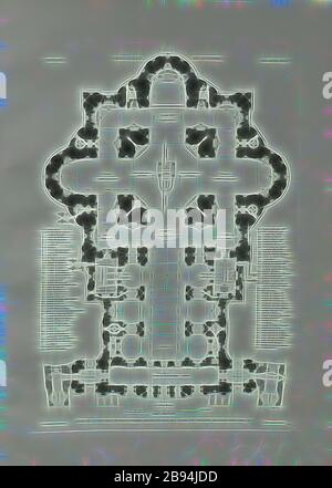 Plan de la Basilique Saint Pierre fondée en MDVI par Julius II et achevée en MDCXII sous Paul V, plan d'étage de la Basilique Saint Pierre dans le Vatican Hiss 1506 et 1612, signé: Huguet sc, PL. 1, p. 67, Huguet (sc.), 1882, Paul Marie LeTarouilly : le Vatican et la basilique de Saint-Pierre de Rome. Paris: Vve A. Morel et Cié., Editeurs, 1882, réimaginé par Gibon, design chaleureux et gai lumineux de la luminosité et des rayons lumineux radiance. L'art classique réinventé avec une touche moderne. Photographie inspirée par le futurisme, embrassant l'énergie dynamique de la technologie moderne, le mouvement, la vitesse et révolutionnez le culte Banque D'Images