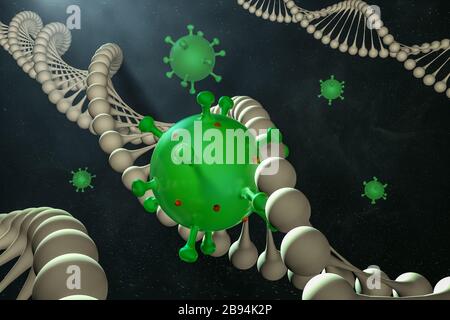 Illustration médicale abstraite modélisée par ordinateur du coronavirus Novel 2019-nCoV covid-19 dans la chaîne d'ADN. Concept de protection contre la pandémie de virus. Microbiologie Banque D'Images