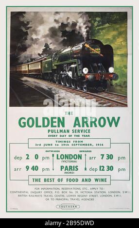 Affiche de voyage en train vintage des années 1950 Service Pullman Golden Arrow - tous les jours de l'année - Londres Paris - le meilleur de la nourriture et du vin. Artiste - salon de coiffure. Affiche de voyage des chemins de fer britanniques d'époque. Le train phare de la région du sud offre un service Pullman entre Londres et Paris. Le train Golden Arrow est vu dirigé par une locomotive de classe Britannia, avec le calendrier de l'été 1956 ci-dessous. Publié par l'exécutif ferroviaire (région du Sud) Banque D'Images