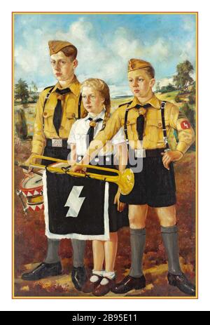 Vintage 1930 The Hitler Youth German: Hitlerjugend, était l'organisation de jeunesse du parti nazi en Allemagne. Ses origines remontent à 1922 et elle reçut le nom de Hitler-Jugend, Bund deutscher Arbeiterjugend ('Hitler Youth, League of German Worker Youth') en juillet 1926. De 1933 à 1945, il s'agissait de la seule organisation de jeunes officiels en Allemagne et était en partie une organisation paramilitaire; il était composé de la Jeunesse Hitler propre aux jeunes hommes âgés de 14 à 18 ans, et des jeunes allemands du Deutsches Jeunesse Hitler Jungvolk dans le der Hitler Jugend Banque D'Images