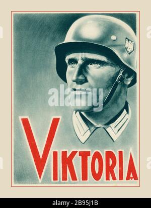 Affiche de propagande nazie des années 1940 VIKTORIA V pour LA VICTOIRE 1942, Viktoria : soldat NAZI de la Wehrmacht avec casque en acier allemand typique, troisième Reich, propagande allemande de collaboration européenne nazie, 'Viktoria', seconde Guerre mondiale seconde Guerre mondiale en 1941, l'Allemagne a lancé la campagne de propagande "Viktoria" célébrant les conquêtes nazies de la seconde Guerre mondiale. Banque D'Images