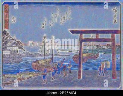 Station 42, Miya, Utagawa Hiroshige 歌川広重 (japonais, 1797-1858), vers 1840, impression de bois couleur, 6-3/16 x 8-3/16 po. (Image), l'art asiatique, repensé par Gibon, design de glanissement chaud et gai de la luminosité et des rayons de lumière radiance. L'art classique réinventé avec une touche moderne. La photographie inspirée du futurisme, qui embrasse l'énergie dynamique de la technologie moderne, du mouvement, de la vitesse et révolutionne la culture. Banque D'Images