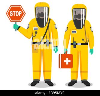 Concept médical. Couple de médecins homme et femme debout ensemble dans des costumes et des masques de protection. Virus, infection, épidémie, quarantaine. Dangereux Illustration de Vecteur