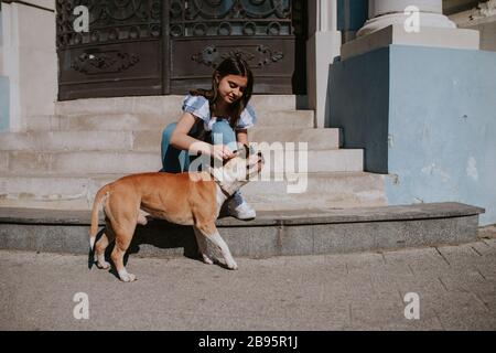 Une jeune belle fille et son chien sur les escaliers Banque D'Images